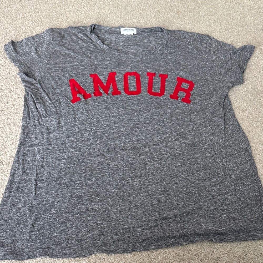Zadig and Voltaire Gray T-Shirt with Red 'AMOUR' Print